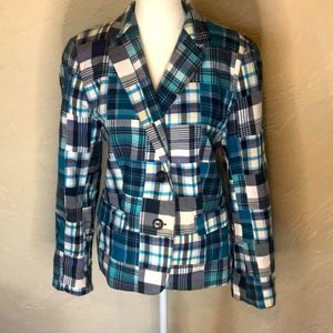 Talbots teal/dk blue/white madras plaid blazer, 10